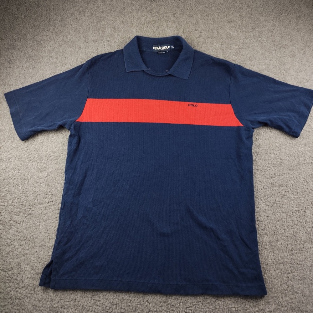 VTG Polo Ralph Lauren Golf Polo Shirt Cotton Mens XL Navy Blue Orange Stripe